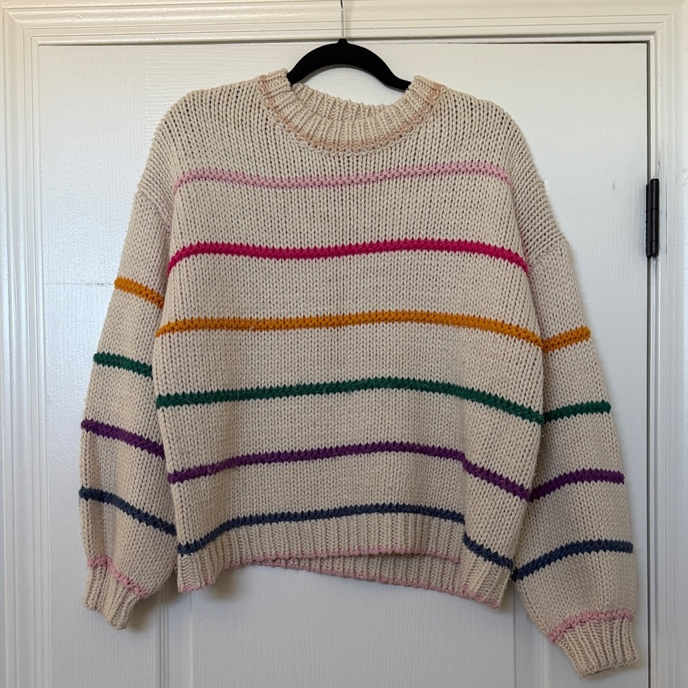 debut Cream Crewneck Sweater with Multicolor Stripes